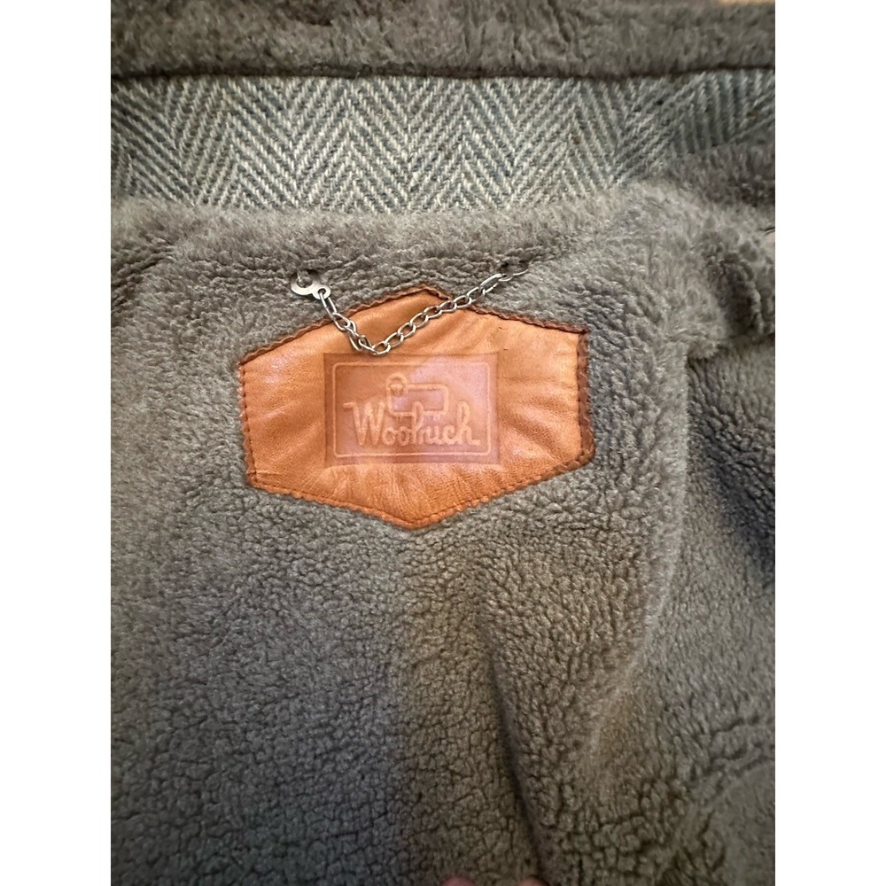 Woolrich VTG Herringbone Wool Coat Heavy Peacoat L Sz 40 Sherpa Lined Green Gray - Picture 2 of 10